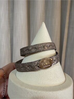 Fendi Metallic Brown Double-Wrap Leather Bracelet with Gold-Tone Logo Plaque